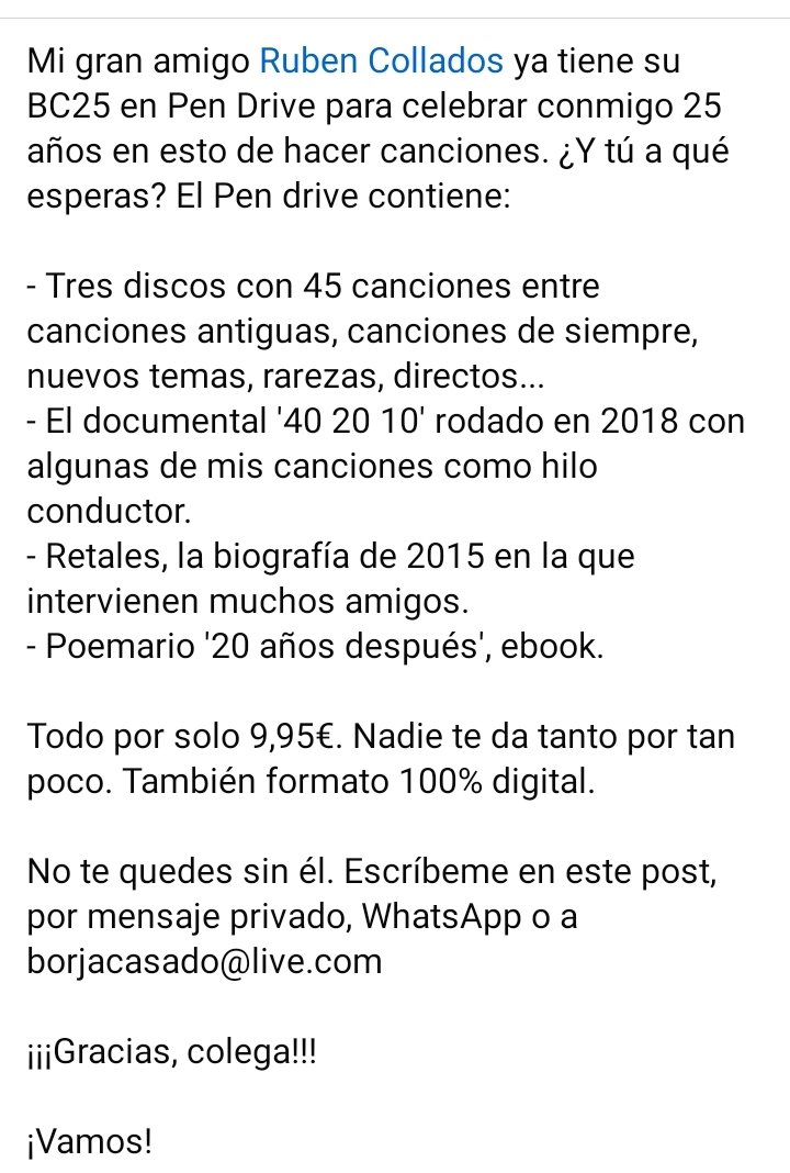 Mi buen amigo Rubén <a href="/7995aac74f76454/">Ruben Collados Peña</a> ya tiene su BC25 en Pen Drive para celebrar conmigo 25 años en esto de hacer canciones. ¿Y tú a qué esperas?
Os dejo info y os aseguro que nadie os dará tanto por tan poco.
¡Gracias! 👇🏻👇🏻
