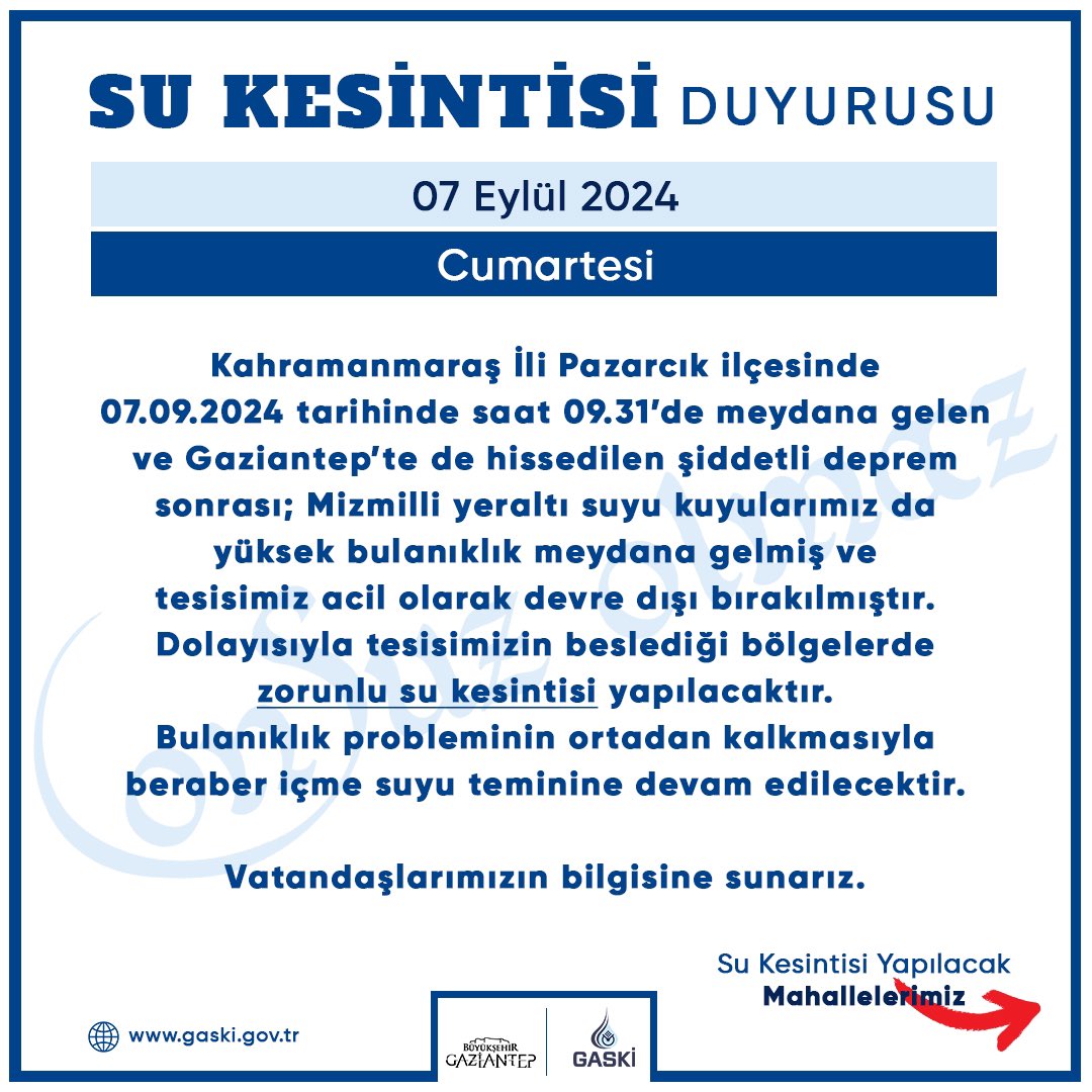 GaskiKurumsal's tweet photo. Su Kesintisi❗️
Vatandaşlarımızın bilgisine sunarız. https://t.co/Pj9rvVPBXo