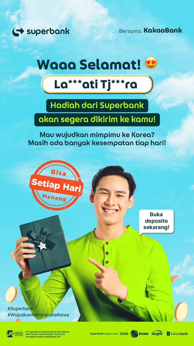superbankidn's tweet photo. Chukkae Super Friends! 🫰💚

Yuk, buka dan pertahankan Deposito Superbank minimal Rp500rb untuk ikut wujudkan mimpimu ke Korea! 🙌

Klik link di bio untuk info lengkapnya ya!

#Superbank #BeSuper #WujudkanMimpimukeKorea #BersamaSuperbank #DepositoSuperbank #BungaTinggi #CUMASuperbank #SuperbanktoKorea