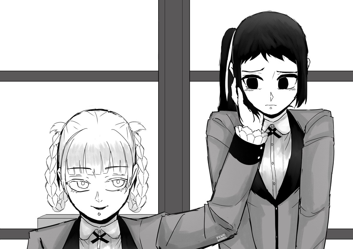 PicNikWoods's tweet photo. I drew a scene in the KKG light novel where Kirari caresses Sayaka’s face in the middle of a council meeting 
#kirasaya #kakegurui #賭ケグルイ https://t.co/WNnSUh3ib6