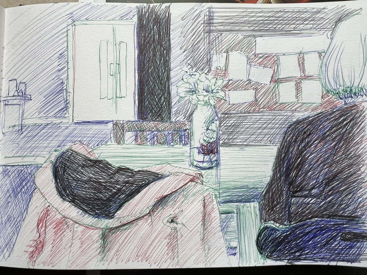 With a bit over a half hour to spare yesterday, I enjoyed a cuppa and a snack whilst sketching in <a href="/REfUSE_cic/">REfUSE</a>  in Chester le Street, it’s a pink coat! 🥴