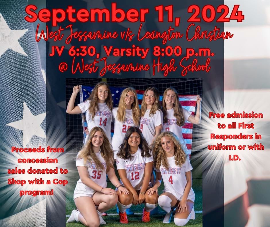 WJColtsGirlsSoc's tweet photo. September 11, 2024

We will be honoring the resilience and unity of 09/11 as we step onto that field.  

FREE admission to ALL First Responders in uniform or with I.D. 

Concession proceeds to benefit our local Shop with a Cop program! https://t.co/JrJCRAeIGO