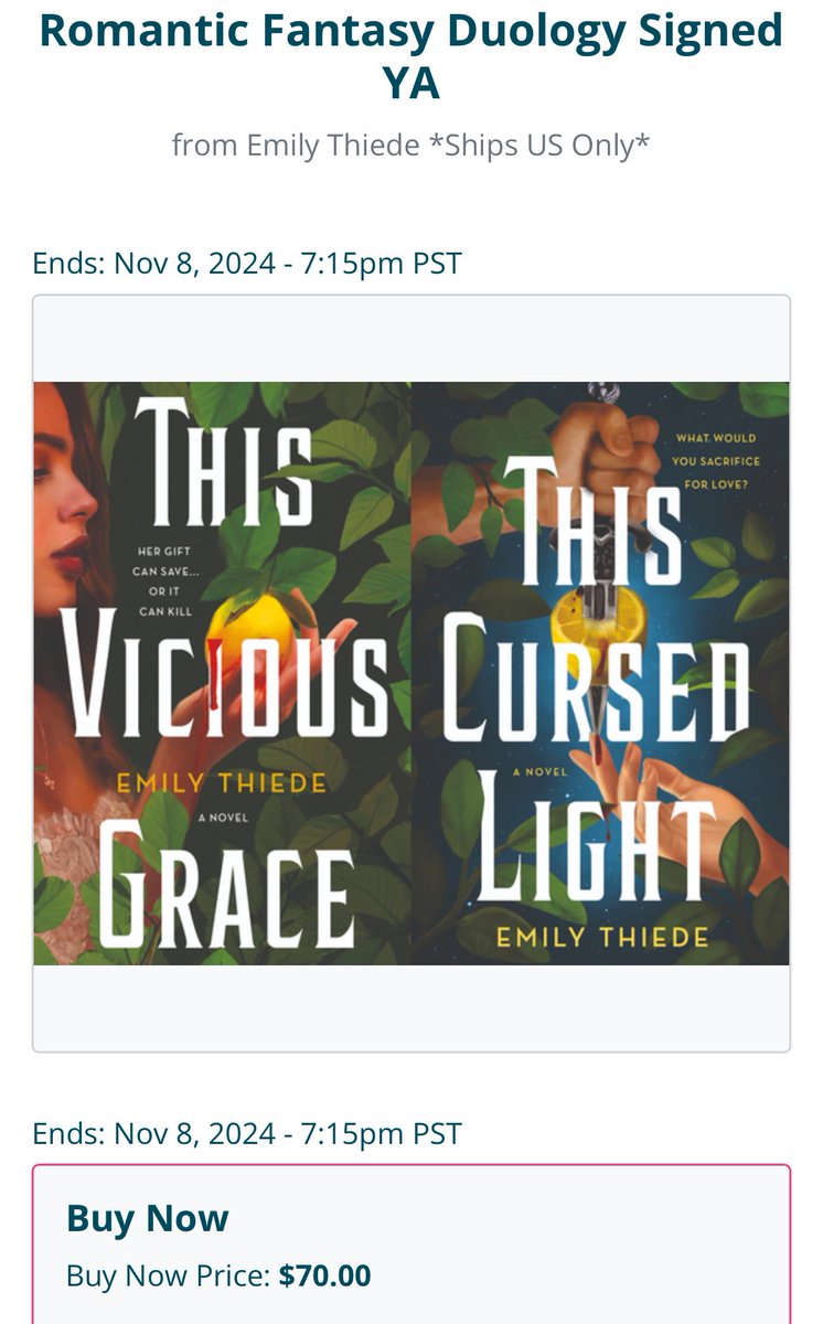 I’m auctioning off a signed/personalized set of This Vicious Grace and This Cursed Light through the #kidlit4ceasefire fundraiser: 

32auctions.com/organizations/…