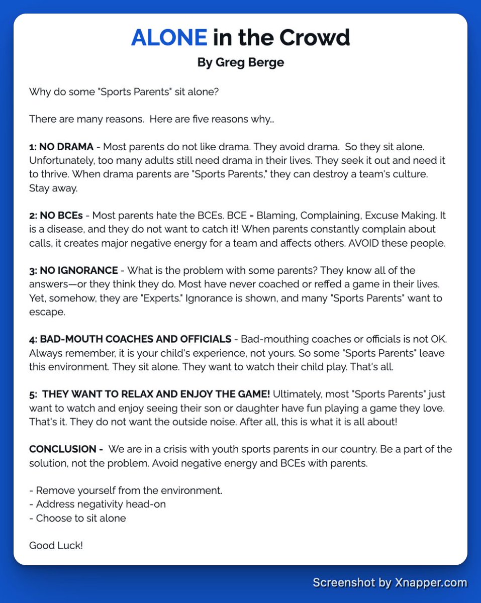 Alone in the Crowd.

Why do some parents sit alone?

More and more sports parents distance themselves from the drama. 

They’re fed up with negativity, excuses, and toxic energy.

Here are 5 reasons why sports parents sit alone...

1: NO DRAMA - Most parents do not like drama.