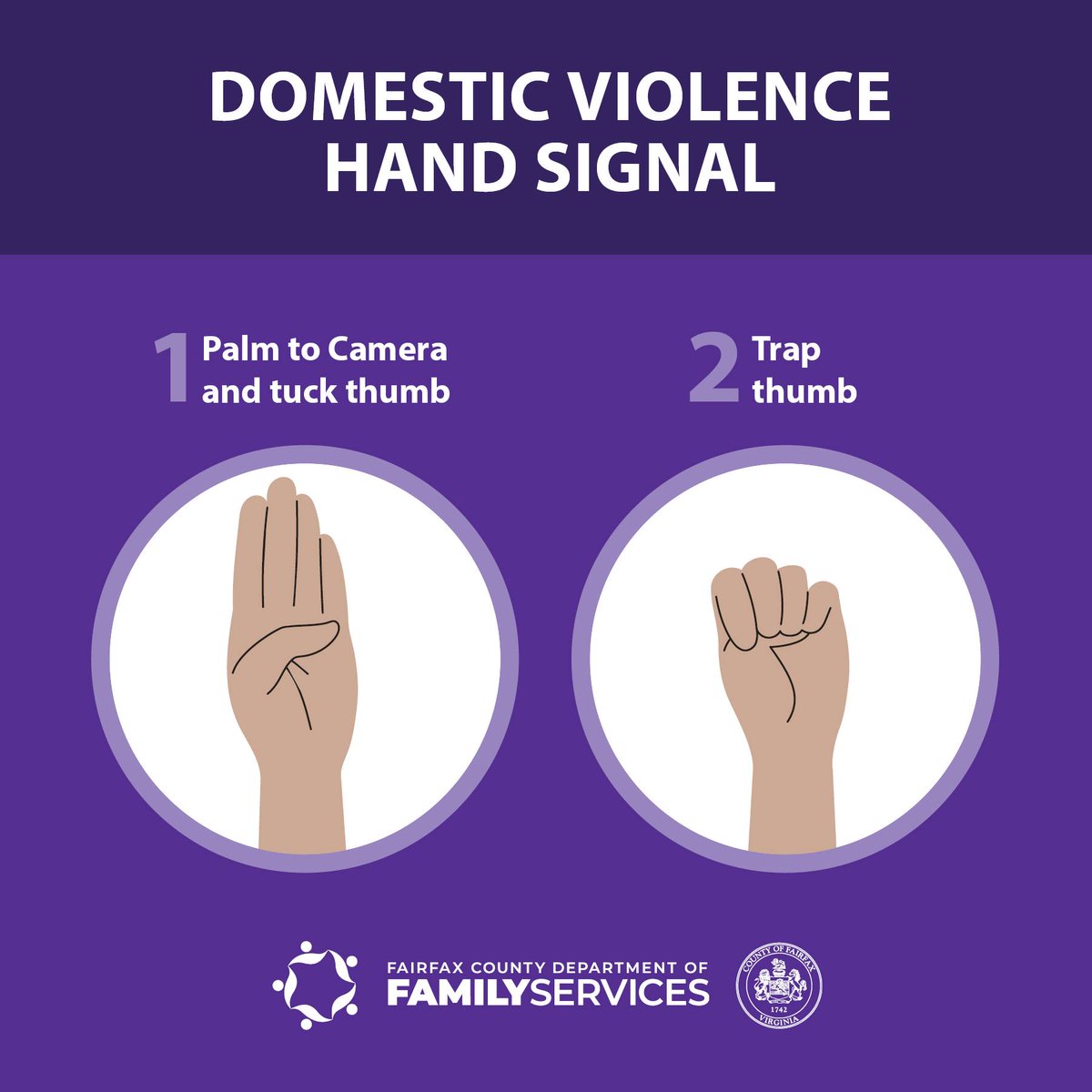 If you are in danger and unable to communicate verbally, use this discrete hand signal to let others know you're at risk

1. Hold hand up with palm facing the other person
2. Tuck your thumb into your palm
3. Fold your fingers down over your thumb

More: bit.ly/4561xde