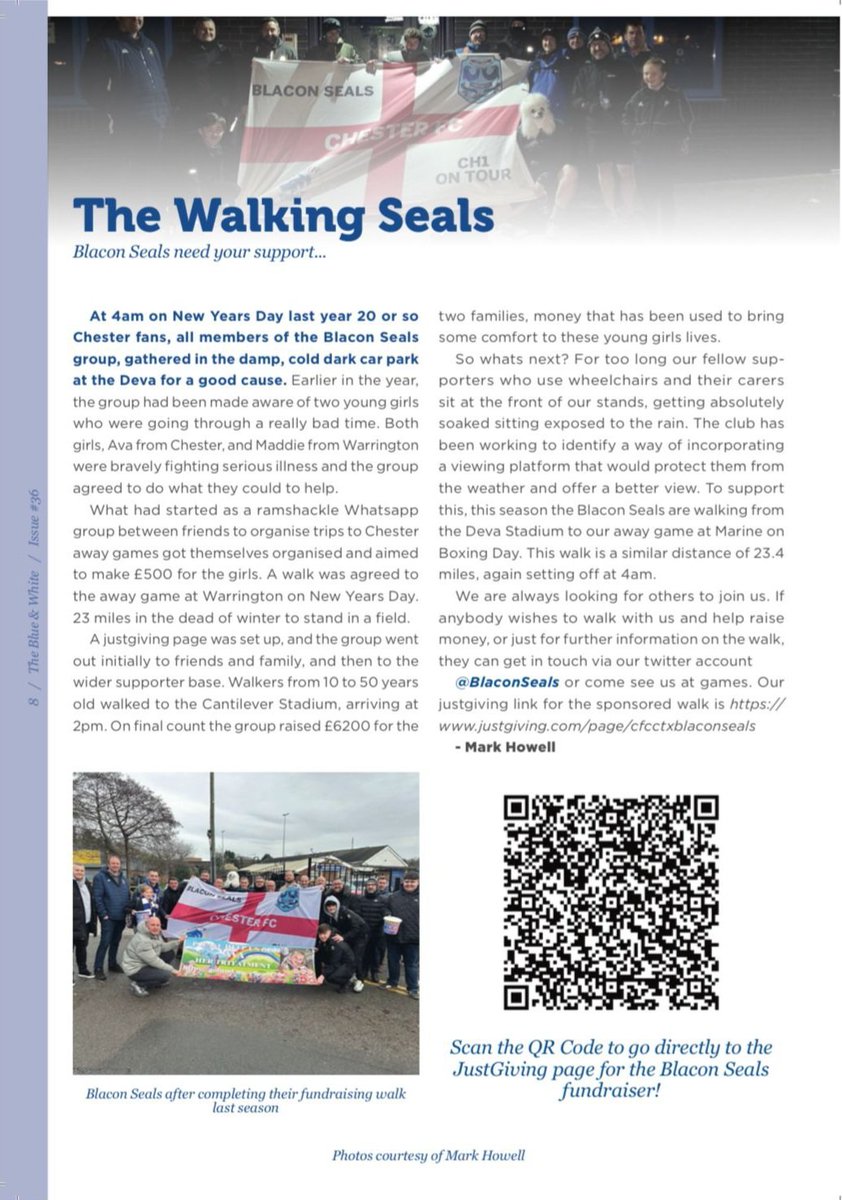Blacon Seals (@blaconseals) on Twitter photo Please see attached our article in today's <a href="/BlueandWhiteCFC/">The Blue & White</a> fanzine. We are walking 23.4 miles on Boxing Day from the Deva to Marine FC to raise money with <a href="/CFC_CommTrust/">Chester FC Community Trust</a> towards a disabled supporters viewing platform at the Deva.
Please get in touch if you wish to help. Please see attached our article in today's <a href="/BlueandWhiteCFC/">The Blue & White</a> fanzine. We are walking 23.4 miles on Boxing Day from the Deva to Marine FC to raise money with <a href="/CFC_CommTrust/">Chester FC Community Trust</a> towards a disabled supporters viewing platform at the Deva.
Please get in touch if you wish to help.