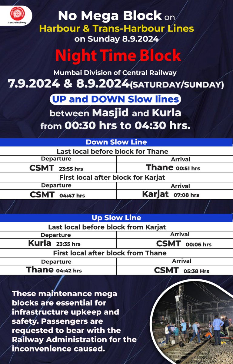 Central_Railway's tweet image. Attention Passengers! 🚨 🚧
Night Time Block on Up &amp;amp; Down Main lines on 07/08.09.2024 (Saturday /Sunday). 
Check the schedule for the first and last locals before and after the block. 
Plan your travel accordingly.
#MegaBlock #SundayBlock