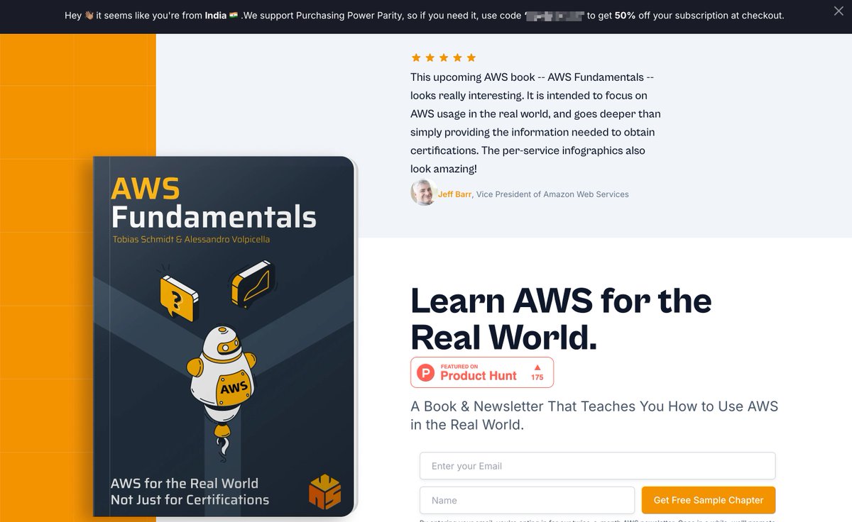 Good news: We've just added Power Purchasing Parity for both our AWS Fundamentals Book &amp; CloudWatch Book! 💸

You will now see a banner at the top if you're eligible for PPP.

So far, we've handled that manually via email but we realized this is not really fair and a bit of an