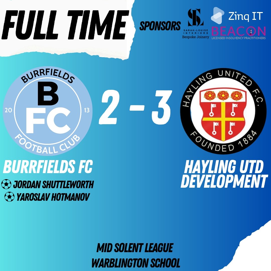 Burrfields Football Club (@burrfieldsfc) on Twitter photo Full Time
Mid Solent League
2 Burrfields FC
⚽ Jordan Shuttleworth
⚽ Yaroslav Hotmanov
3 Hayling Utd Development
<a href="/hayling_fc/">Hayling United FC</a>
<a href="/MidSolent/">Mid Solent Adult League</a>
<a href="/SolentMid/">Mid Solent Match Report</a>
Sponsors
<a href="/ZinqIt/">Zinq IT</a>
<a href="/Beacon_LIP_Ltd/">Beacon</a> Full Time
Mid Solent League
2 Burrfields FC
⚽ Jordan Shuttleworth
⚽ Yaroslav Hotmanov
3 Hayling Utd Development
<a href="/hayling_fc/">Hayling United FC</a>
<a href="/MidSolent/">Mid Solent Adult League</a>
<a href="/SolentMid/">Mid Solent Match Report</a>
Sponsors
<a href="/ZinqIt/">Zinq IT</a>
<a href="/Beacon_LIP_Ltd/">Beacon</a>