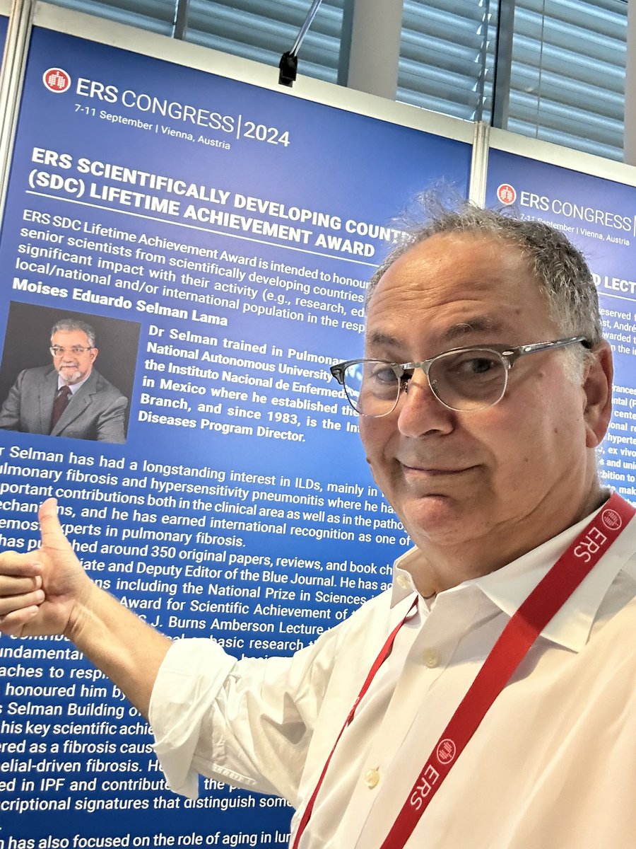 So excited to see my mentor, friend, role model, recognized at #ERSCongress! 
Dr. Moises Selman and Prof Annie Pardo changed our understanding of pulmonary fibrosis &amp; influenced the field like nobody else did, with humility, dignity, integrity  #TheBest 
#PeopleILookUpTo
#ERS2024