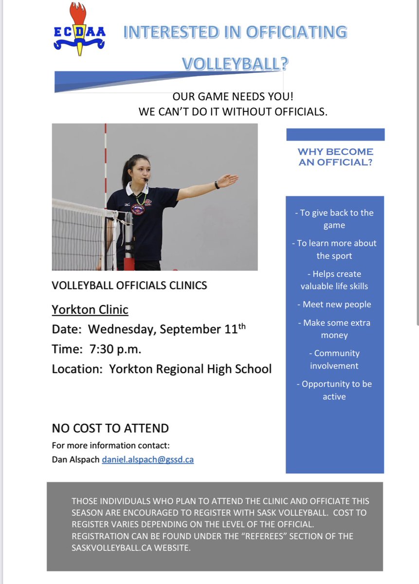 ECDAA (@ecdaasport) on Twitter photo "๐จ Attention all officials and those interested in training! ๐จ
Join us for an Officials Clinic on **September 11 @ 7:30 PM** at the YRHS gym. Whether youโre new or experienced, this is an opportunity to enhance your skills and knowledge.
Spread the word! <a href="/GSSD204/">Good Spirit SD</a> <a href="/CTTCS_212/">Christ The Teacher</a> "๐จ Attention all officials and those interested in training! ๐จ
Join us for an Officials Clinic on **September 11 @ 7:30 PM** at the YRHS gym. Whether youโre new or experienced, this is an opportunity to enhance your skills and knowledge.
Spread the word! <a href="/GSSD204/">Good Spirit SD</a> <a href="/CTTCS_212/">Christ The Teacher</a>