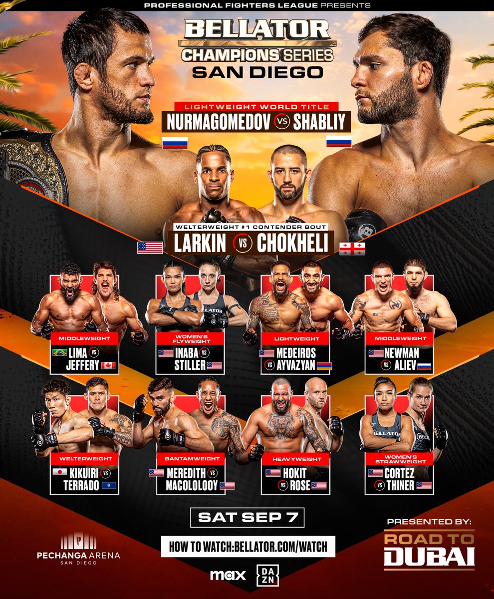 𝙏𝙊𝙉𝙄𝙂𝙃𝙏’𝙎 𝙁𝙐𝙇𝙇 𝙁𝙄𝙂𝙃𝙏 𝘾𝘼𝙍𝘿! 🔥 

#RoadToDubai

#BellatorSanDiego | TONIGHT
Live on MAX | 5PM PT