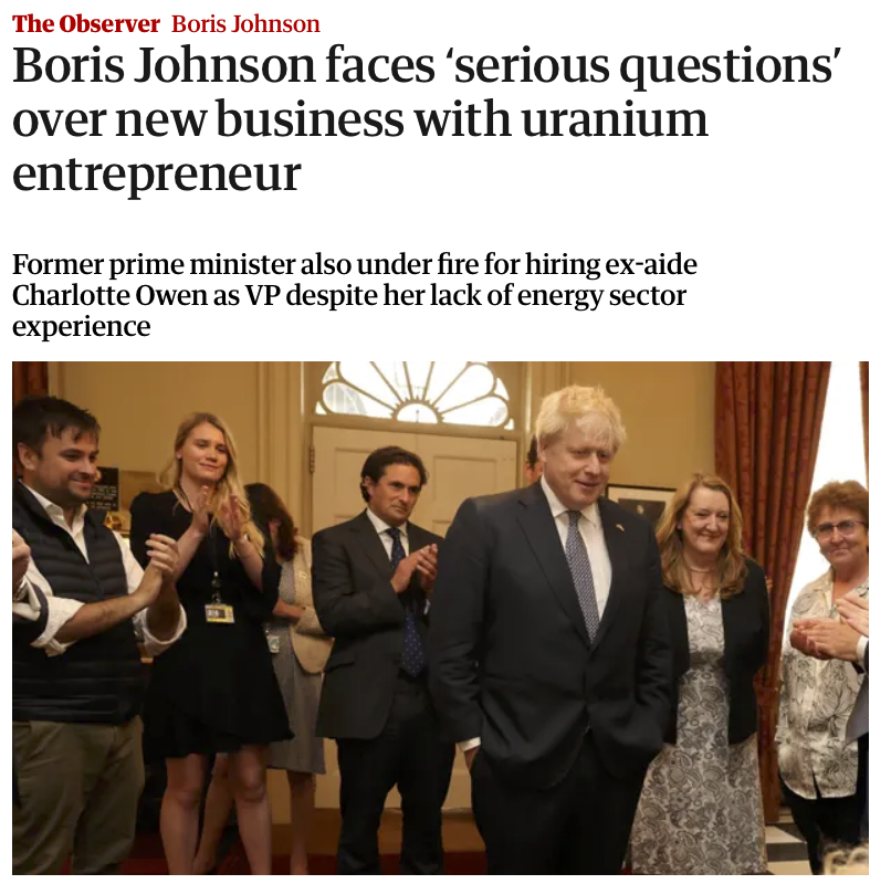 AlexTaylorNews's tweet photo. Oh look !
Article on Johnson revealing a whole host of unsavoury dodgy dealings - from trips to Venezuela, Steve Bannon, Iran, the British Virgin Islands, to that well-known *checks notes* enriched uranium expert, Charlotte Owen🤡
The corruptest PM ever
👏@carolecadwalla https://t.co/oFaGbygKZA