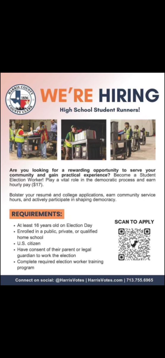 CTE_WBL_CISD's tweet photo. π Attention CTE students! π
Looking for a rewarding opportunity to serve your community and gain practical experience? Become a Student Election Worker! π³οΈ
β
Earn $17/hour
β
Boost your rΓ©sumΓ© & college applications
β
Participate in shaping the Future!
#ChannelviewCTE https://t.co/uh958v9N75