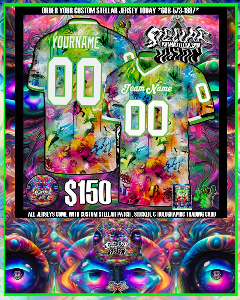 🔭1ne of the new designs for the next round of custom Stellar Jerseys. Dialing in the new promo for the site this morning where you can place your custom pre-orders. Doing a few variations this Football Season! #stellarart #custom #lasvegas AdamStellar.com
