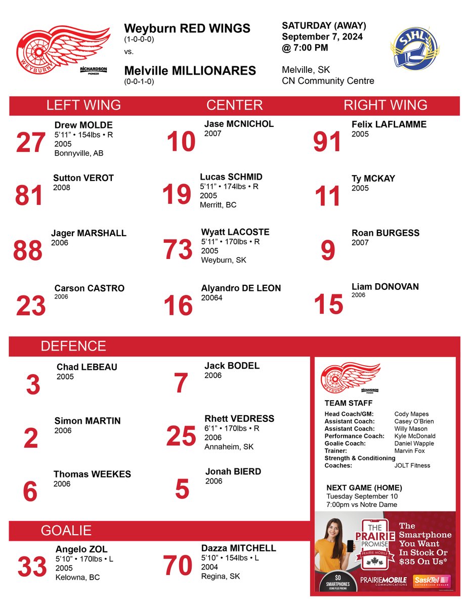 weyburnredwings's tweet photo. Tonight's Game Day Lineup brought to you by @PrairieMobile
#WeyburnRedWings #SJHL #PrairieMobile https://t.co/j0uP97KG16