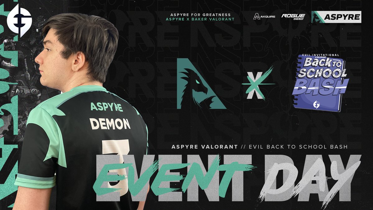 Aspyre_Ent's tweet image. 🟢 VALORANT EVENT DAY🟢 

Aspyre Valorant will be competing in this weekend’s Back To School Bash Tournament hosted by @EG_GeniusLeague‼️

Event Roster:
🐉@DemonnFPS
🐉@FateHeyo
🐉@Bon_Frags
🐉@Laddermoves1
🐉@Aeric_VAL

🕒: 3 PM EST
📺: Twitch.tv/EvilGeniuses

#A4G🐉 #AxS⚔️…