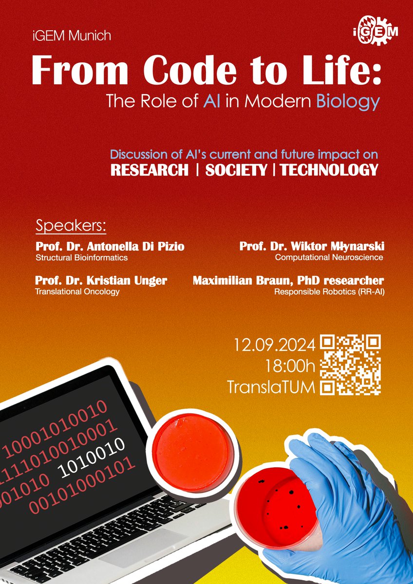 🚀Less than a week until our panel! 

Featuring:  Prof. Antonella Di Pizio – Structural Bioinformatics,  Prof. Wiktor Młynarski – Comp. Neuroscience,  Prof. Kristian Unger – Translational Oncology,  Maximilian Braun – Responsible Robotics

🗓 12.09.24 | 🕕 18:00 | 📍 TranslaTUM