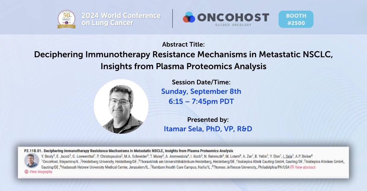 Dr. Itamar Sela will delve into mechanisms of #immunotherapy resistance in #mNSCLC, offering valuable insights into the biological processes underlying resistance to immunotherapy during a poster presentation at #WCLC2024 on September 8.

Find him at Poster #2495 or booth #2500!