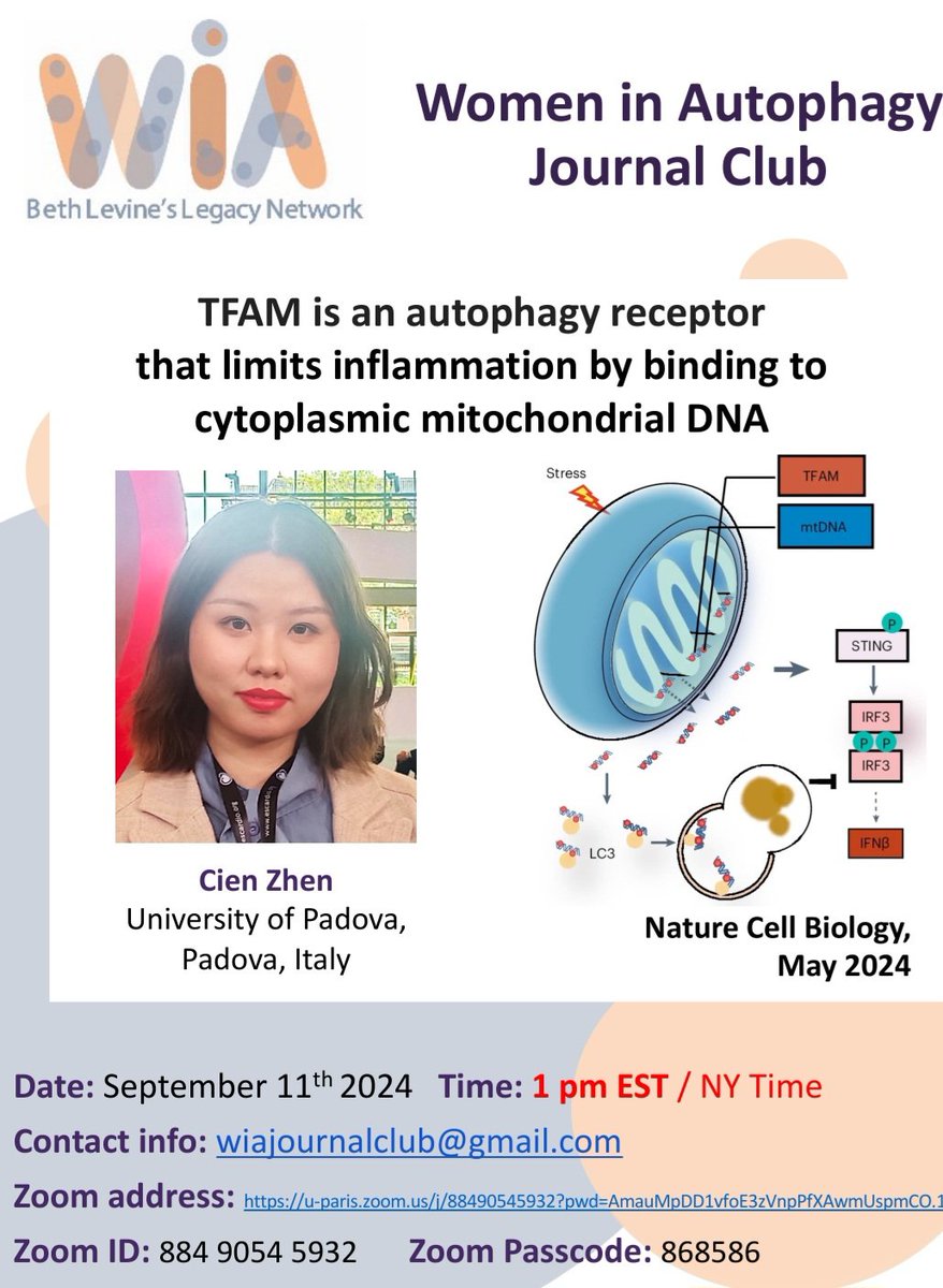 Women in Autophagy (@wautophagy) on Twitter photo ๐
ข๐
๐
ฅ๐
๐
ฃ๐
๐
๐
๐
๐
ฃ๐
!!! 11th September at 1 pm EST. ๐น๐พ๐
๐
๐ฝ๐ฐ๐ป ๐ฒ๐ป๐
๐ฑ: "TFAM is an autophagy receptor that limits inflammation by binding to cytoplasmatic mitochondrial DNA" featuring Dr. Cien Zhen
Contact us: wiajournalclub@gmail.com ๐
ข๐
๐
ฅ๐
๐
ฃ๐
๐
๐
๐
๐
ฃ๐
!!! 11th September at 1 pm EST. ๐น๐พ๐
๐
๐ฝ๐ฐ๐ป ๐ฒ๐ป๐
๐ฑ: "TFAM is an autophagy receptor that limits inflammation by binding to cytoplasmatic mitochondrial DNA" featuring Dr. Cien Zhen
Contact us: wiajournalclub@gmail.com