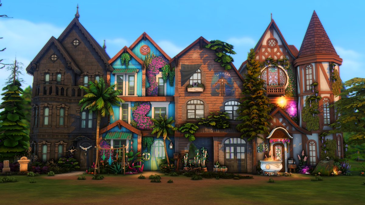 RachelPedd's tweet image. Right, okay, so I THINK I'm doing a thing (WIP). Occult townhouses - From left to right: Vampires, Mermaids, Werewolves, Spellcasters.