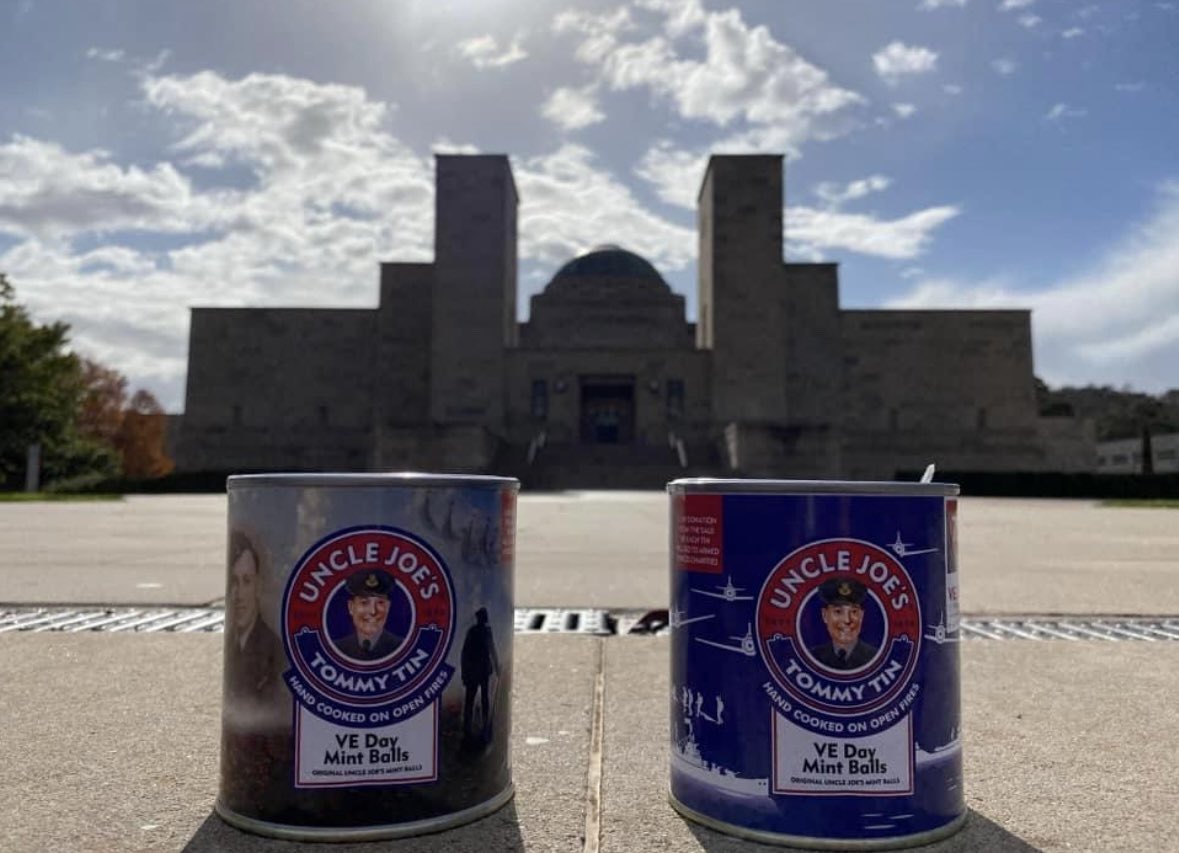Uncle Joe’s Mint Balls Around the World 
Thanks to Ray Green for this picture of our commemorative VE Day Tins at the Australian War Memorial in Canberra Australia
We love to hear from you regarding where our products are seen further afield.
