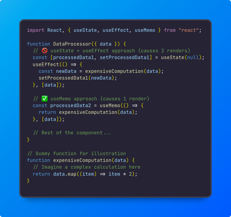 alex_sashchuk's tweet image. ⚛️ React Optimization Tip: useState + useEffect vs useMemo

When updating state based on prop changes:
✅ useMemo: Re-renders once
❌ useState + useEffect: Re-renders twice

🔍 Why not pass expensive computations directly?
- Avoids unnecessary re-renders
- Ensures consistency…