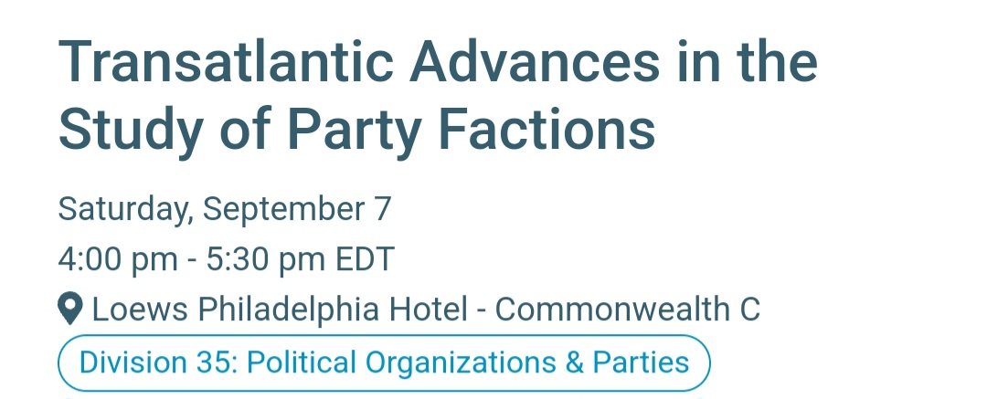 Jacob Gunderson (@jgunderson8) on Twitter photo Looking forward to a great panel at 4 today on party factions from both sides of the Atlantic, featuring presentations by <a href="/bangumbling/">Christine Bangum</a>, <a href="/ProfHansNoel/">Hans Noel</a>, <a href="/cowburn86/">Mike Cowburn</a>, <a href="/smotus/">Seth Masket</a>, and myself with characteristically inciteful comments from @zacdgreene and <a href="/blumrm/">Rachel Blum</a>. Looking forward to a great panel at 4 today on party factions from both sides of the Atlantic, featuring presentations by <a href="/bangumbling/">Christine Bangum</a>, <a href="/ProfHansNoel/">Hans Noel</a>, <a href="/cowburn86/">Mike Cowburn</a>, <a href="/smotus/">Seth Masket</a>, and myself with characteristically inciteful comments from @zacdgreene and <a href="/blumrm/">Rachel Blum</a>.