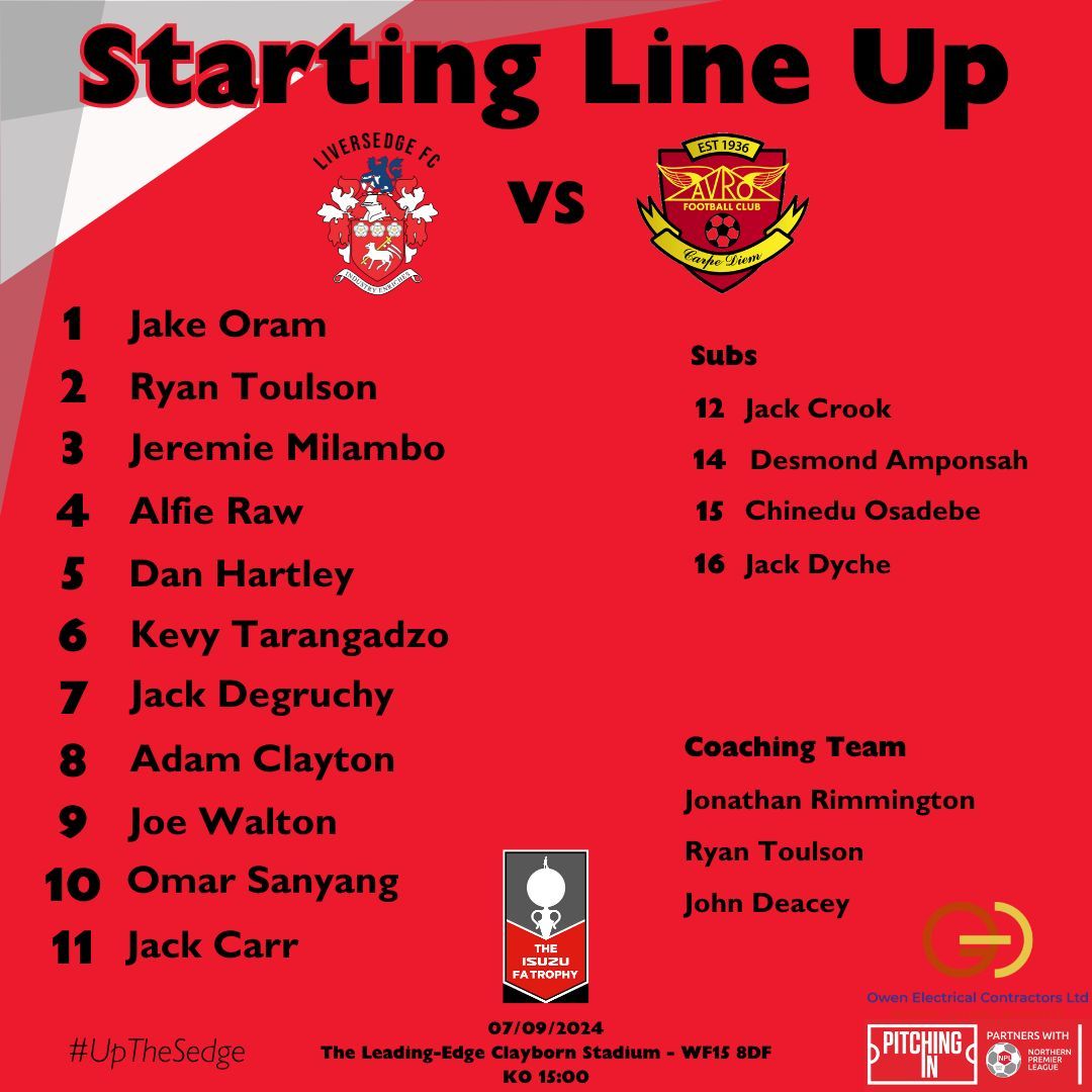 Liversedge_FC's tweet photo. Your FA Trophy Sedge XI‼️

- Debuts for Jake Oram and Jack Degruchy
- The return of Jack Carr

#UpTheSedge #FATrophy https://t.co/pfkiGVp7nw