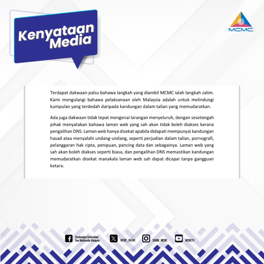 MCMC_RASMI's tweet image. KENYATAAN MEDIA

MCMC TANGANI MAKLUMAT PALSU MENGENAI PENGALIHAN DNS DAN SEKATAN AKSES INTERNET

#MCMC