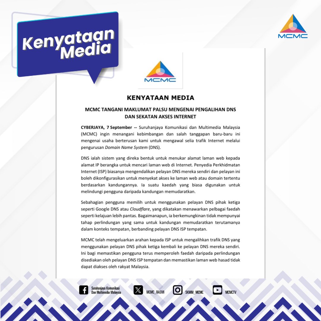 MCMC_RASMI's tweet image. KENYATAAN MEDIA

MCMC TANGANI MAKLUMAT PALSU MENGENAI PENGALIHAN DNS DAN SEKATAN AKSES INTERNET

#MCMC