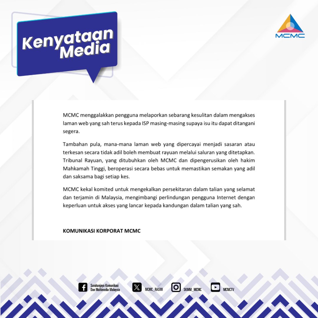 MCMC_RASMI's tweet image. KENYATAAN MEDIA

MCMC TANGANI MAKLUMAT PALSU MENGENAI PENGALIHAN DNS DAN SEKATAN AKSES INTERNET

#MCMC