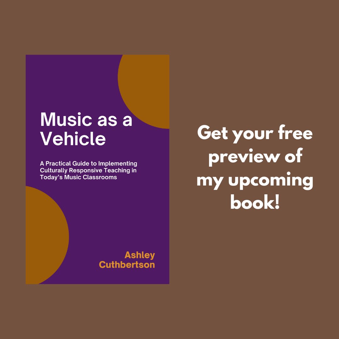 ACuthbertson10's tweet image. My first book comes out soon, in the meantime, get a free preview of, “Music As a Vehicle: A Practical Guide to Implementing Culturally Responsive Music Teaching in Today’s Music Classrooms”!

👉🏾Click here to grab your free preview: bit.ly/previewmaav

#MusicAsAVehicle