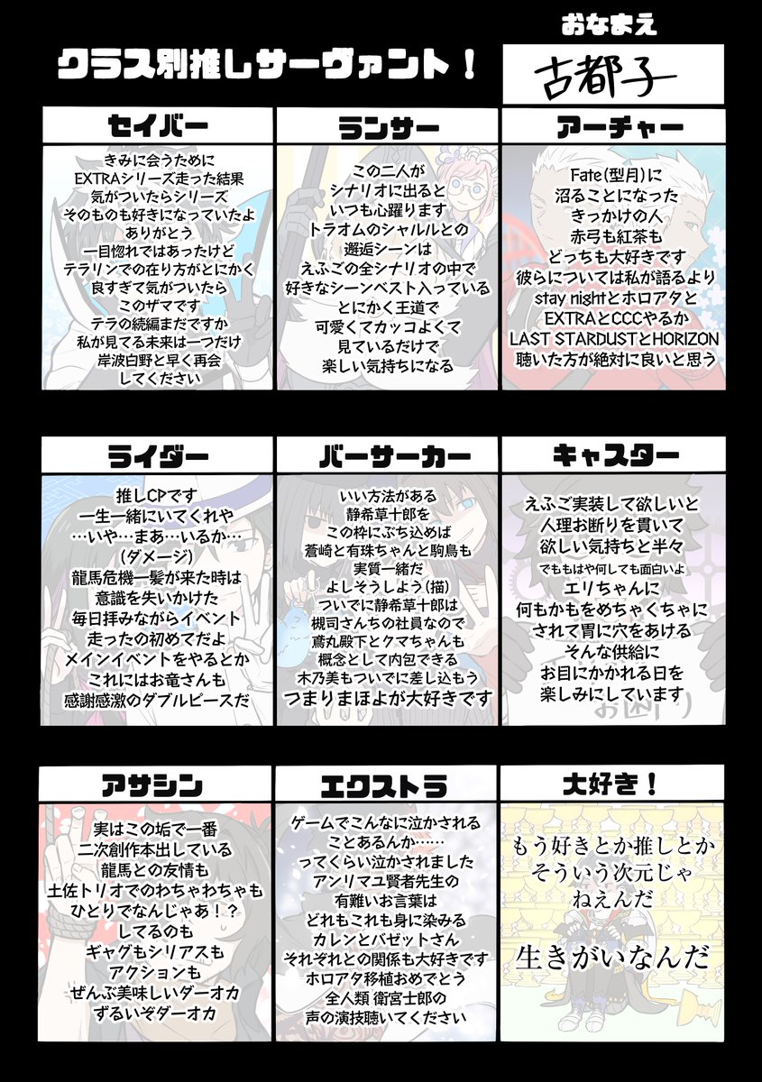 kotoko123456's tweet image. #クラス別推しサーヴァント
この垢の現状のクラス別の推し鯖です。よろしくお願いします。
コメントも添えたぜ！！