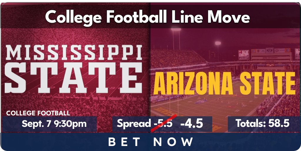 Gameday
#CFB Line Move:

Mississippi State vs Arizona State
#ASU -5.5 moves to -4.5 @ -105 both sides

Other TN Books:
ASU -5.5 @ -110 both sides at Caesars

Bet🏈Now➡️action247.onelink.me/RqSv/fjn9e7td

Winners Welcome!
Good Luck

#HailState #ForksUp 
*odds subject to change