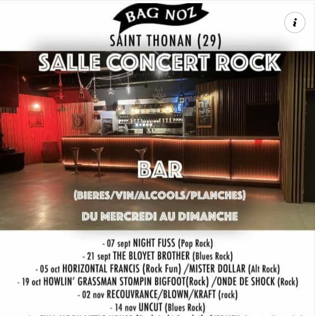 #Saintthonan #Musique #CaféConcert #Convivialité #JaimeMaCommune 
Saint-Thonan, terre de musique et de #rocknroll🤘🎶🎵🤩 !
Venez découvrir #BagNoz , le nouveau café-concert, animé par Alexandre Philip et l'équipe de #Passeurs d'âmes 😉, autour du 1er concert #NightFuss.

<a href="/sacem/">Sacem</a>