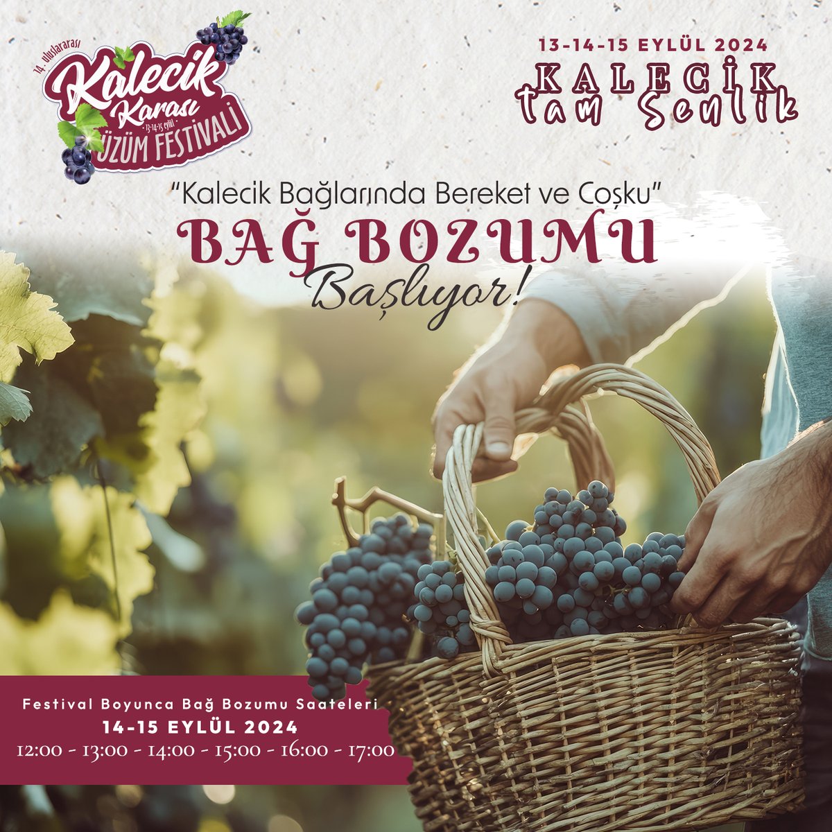 🍇 Bağ Bozumu Festivali Başlıyor! 🍇

Üzümün olgunlaşıp hasat edildiği bu özel dönemde, bağ bozumunun coşkusunu ve beraberinde getirdiği birlik ve bereketi hep birlikte kutluyoruz. Gelin, yüzyılların mirasını yeniden keşfedin ve  unutulmaz bir deneyim yaşayın!