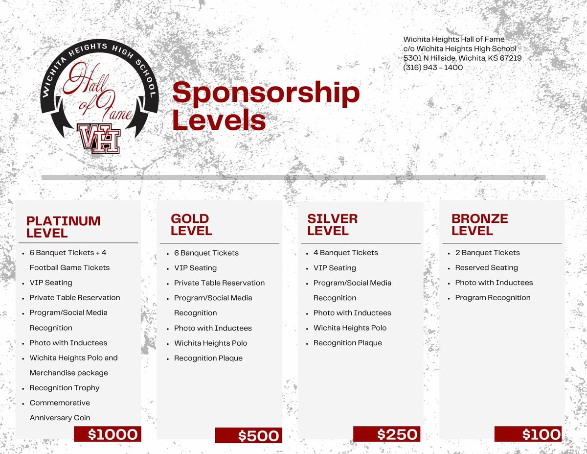 Tickets are on sale now for the 4th annual "Black and Red" banquet. The HOF ceremony will be held on Sat, 10/19, from 5pm-7pm in the Heights Gymnasium. We hope to see you there as we induct these celebrated Falcons! myevent.com/WHHSHOF/tickets