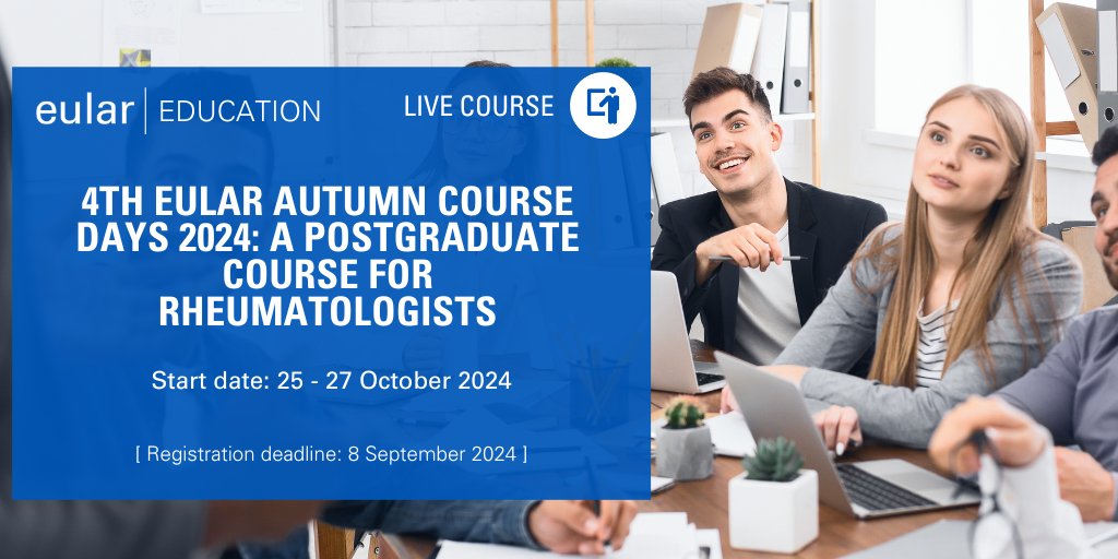 eular_org's tweet photo. 📢Upcoming registration deadline for the 4th EULAR Autumn Course Days 2024: A postgraduate course for rheumatologists!

🔔Registration deadline: 8 September 2024
📍Amsterdam, Netherlands
📆25 - 27 October 2024

Register here👉https://t.co/PhYDZHOGLi

#EULAR #eularEDUCATION https://t.co/zeJ91OfDKb
