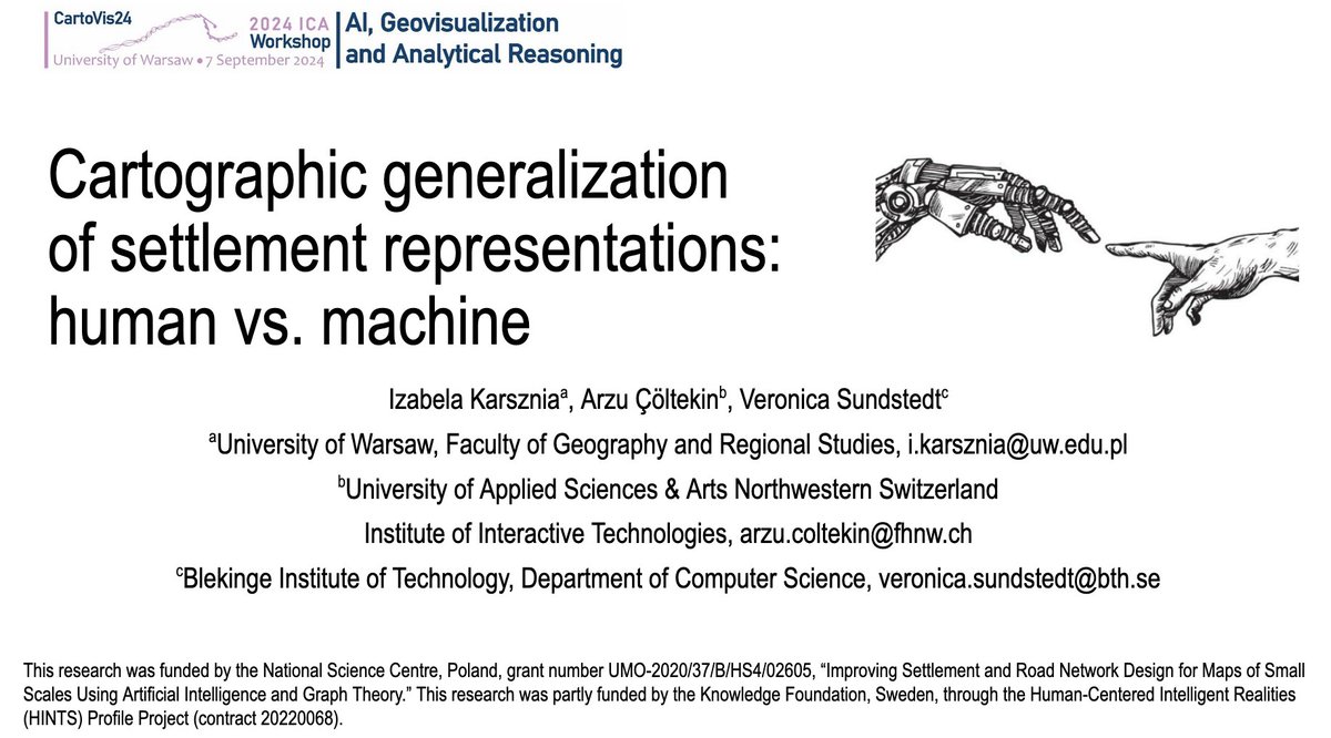 Dr. <a href="/Iza_Karsznia/">Izabela</a> presented our abstract today on "human vs. AI". Can people (even experts) tell if a map is generalized* by AI? Seemingly they can't -- we'll share more soon :) 

*Cartographic generalization (en.wikipedia.org/wiki/Cartograp…) is highly complex with qualitative decisions.