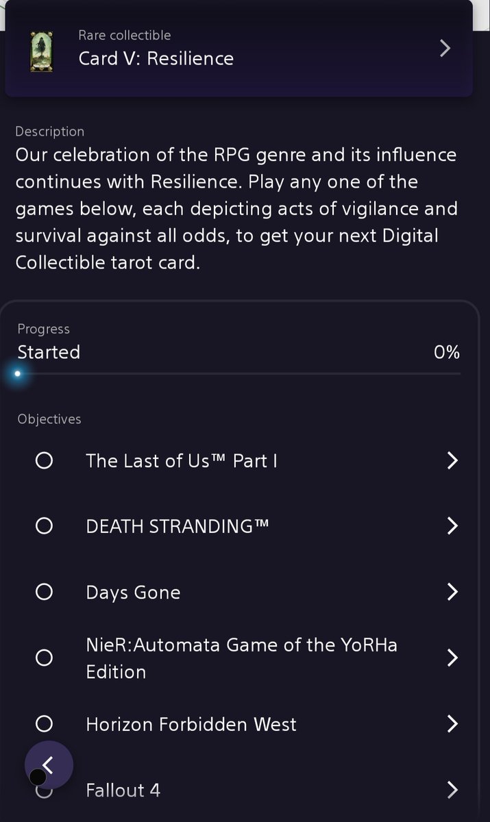 A new campaign on PSstars has arrived 😊 u have 54 days to grab ur self another Role players guild lv5 Resilience card just play any of the 6 games mentioned below to claim ur reward happy hunting.
<a href="/PSStarsInfo/">PlayStation Stars</a> <a href="/PSSCollectibles/">PlayStation Stars</a>