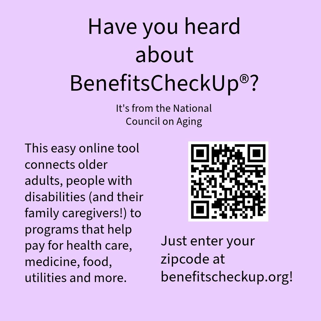 PAVE_org's tweet photo. Have you heard about BenefitsCheckUp®? This easy online tool connects older adults, people with disabilities and their family caregivers to programs that help pay for health care, medicine, food, utilities and more. Just enter your zip code at https://t.co/I8BUTqvEsj https://t.co/lvM8Yx7w2B