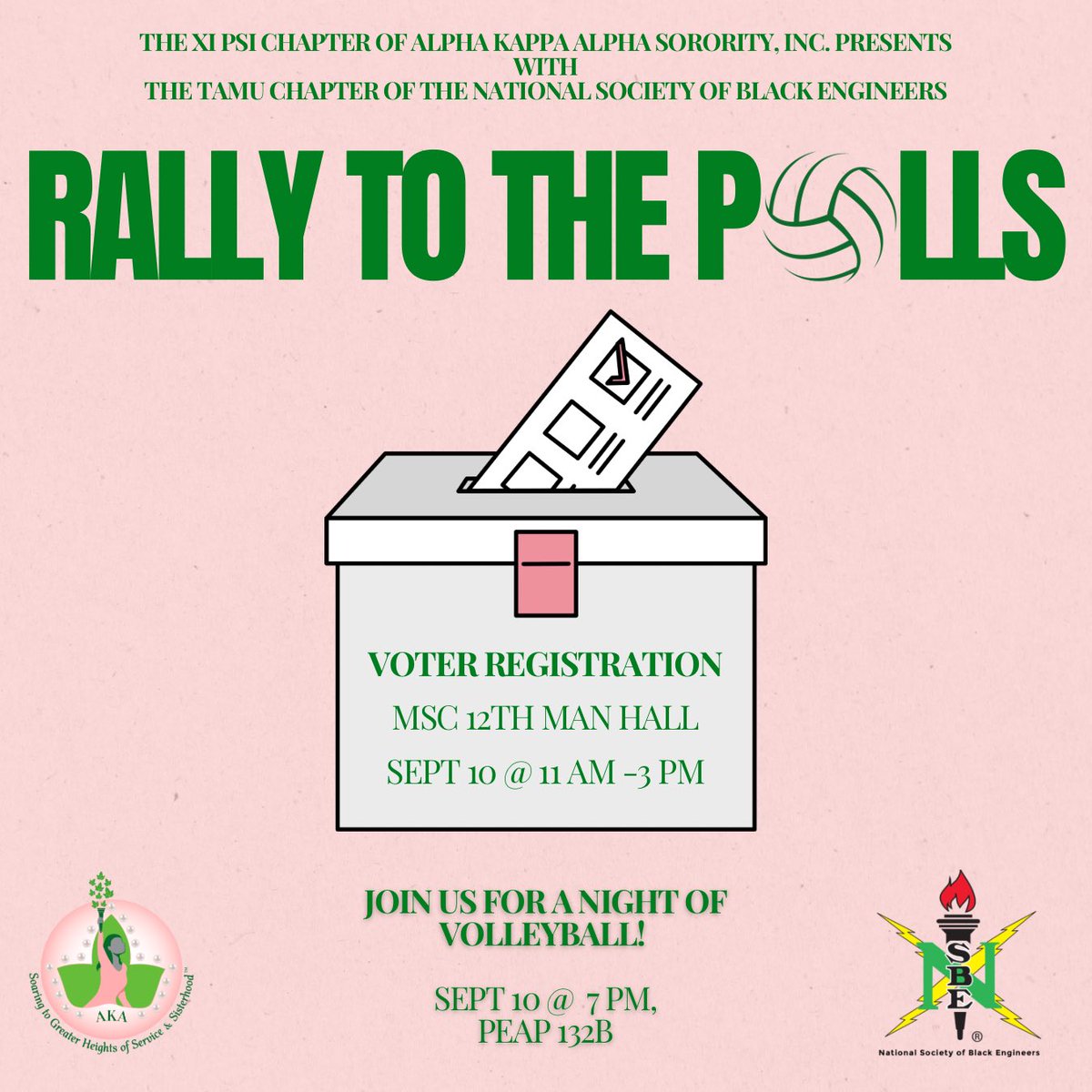 Xi_Psi1985's tweet photo. Haven’t registered to vote yet?

Come visit our table with @TAMU_NSBE this Tuesday, September 10th, to register to vote. Then, join us that night for an exciting evening of volleyball at 7pm!💕💚 https://t.co/Nk6ktf1GRN