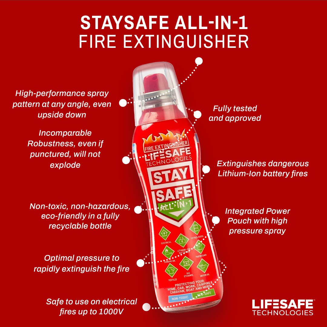 All-in-one protection you can trust. The StaySafe All-in-1 Fire Extinguisher is equipped to handle any fire, including lithium-ion batteries, with eco-friendly and non-toxic safety. Always prepared, no matter the situation. 🧯🔌 #SafetyFirst #StaySafe #FireSafety #FireProtection
