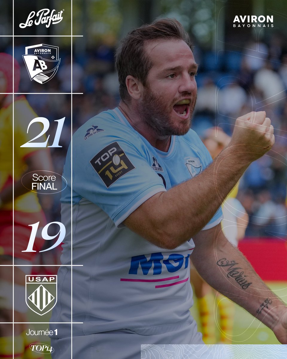 avironrugbypro's tweet photo. VICTOIRE !!! 🔥

Dans un match fou nos Ciel &amp; Blanc s'imposent face à l'USAP pour la première journée de Top 14 ! 

PUSA BAIONA 🔵⚪️

#ABvUSAP https://t.co/fe514rt6Um