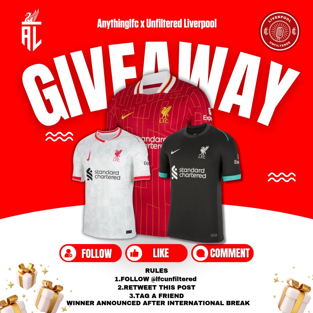 🚨 GIVEAWAY 🚨

To celebrate the launch of our new podcast Liverpool Unfiltered as part of the <a href="/talkSPORT/">talkSPORT</a> Fan Network we are giving away a brand new Liverpool jersey!

To enter:

🤝 Follow <a href="/lfcunfiltered/">Liverpool Unfiltered</a>
🔄 Retweet this tweet
🏷️ Tag a friend

Best of luck! 🔴 #EUR02024