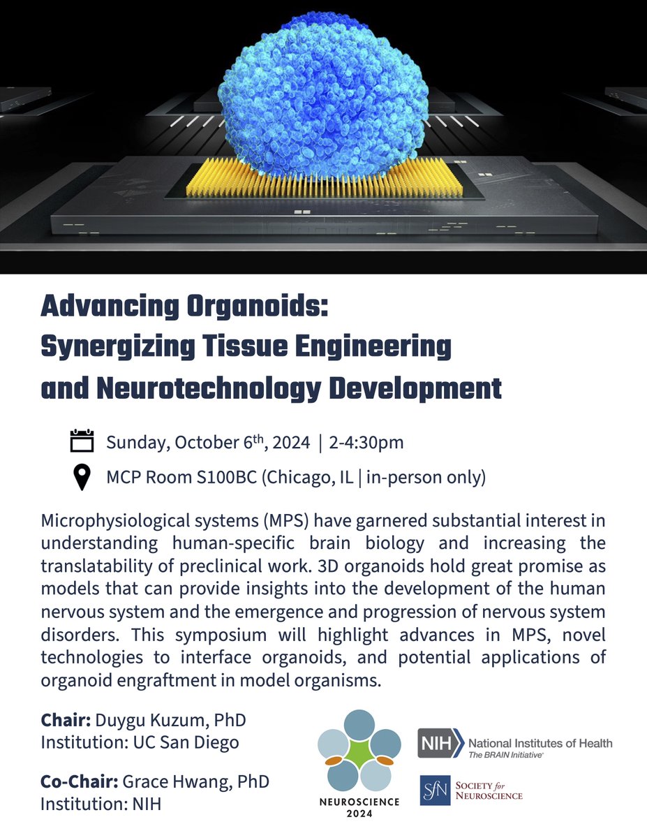 Exciting session <a href="/SFN/">sfn</a> 2024! #BrainOrganoids Advancing Organoids: Synergizing Tissue Engineering and Neurotechnology Development, Speakers include <a href="/DuyguKuzum/">Duygu Kuzum</a> <a href="/ProfJohnARogers/">John A Rogers</a> <a href="/Sergiu_P_Pasca/">Sergiu P. Pasca</a> <a href="/orly_reiner/">Orly Reiner</a>, and Grace Hwang, - looking forward to seeing you there.