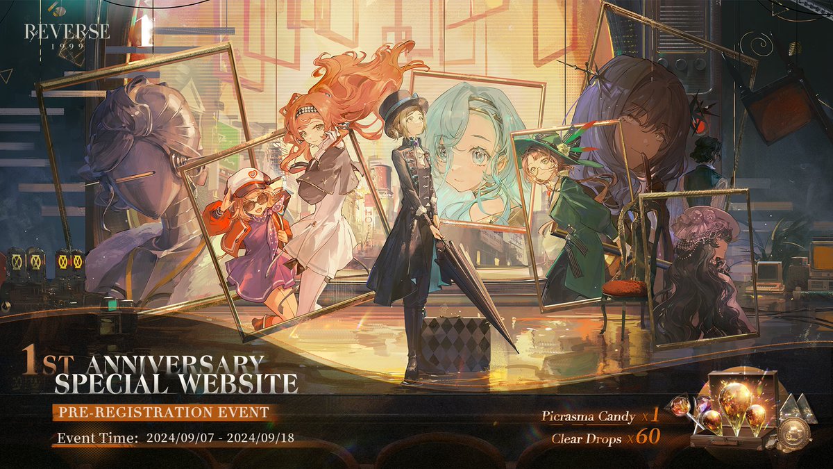 Reverse1999_GL's tweet photo. 1st Anniversary Special Website Pre-registration Event

Join the pre-registration event now to receive Clear Drop x60 and other exciting rewards! Explore all the details about Version 1.9 and exclusive anniversary events on the website:
https://t.co/GagRuMA9RI

▼Giveaway Event
Share a screenshot of your successful pre-registration with hashtags #Reverse1999Anniversary and #Vereinsamt for a chance to win:
1. Version 1.9 Character Acrylic Standee Set (10 Winners)
2. $19.99 Cash (10 Winners)

▼Events Time
From now to September 18 23:59 (UTC-5)

*The 1st Anniversary Special Website pre-registration event is for global server players only.

#Reverse1999