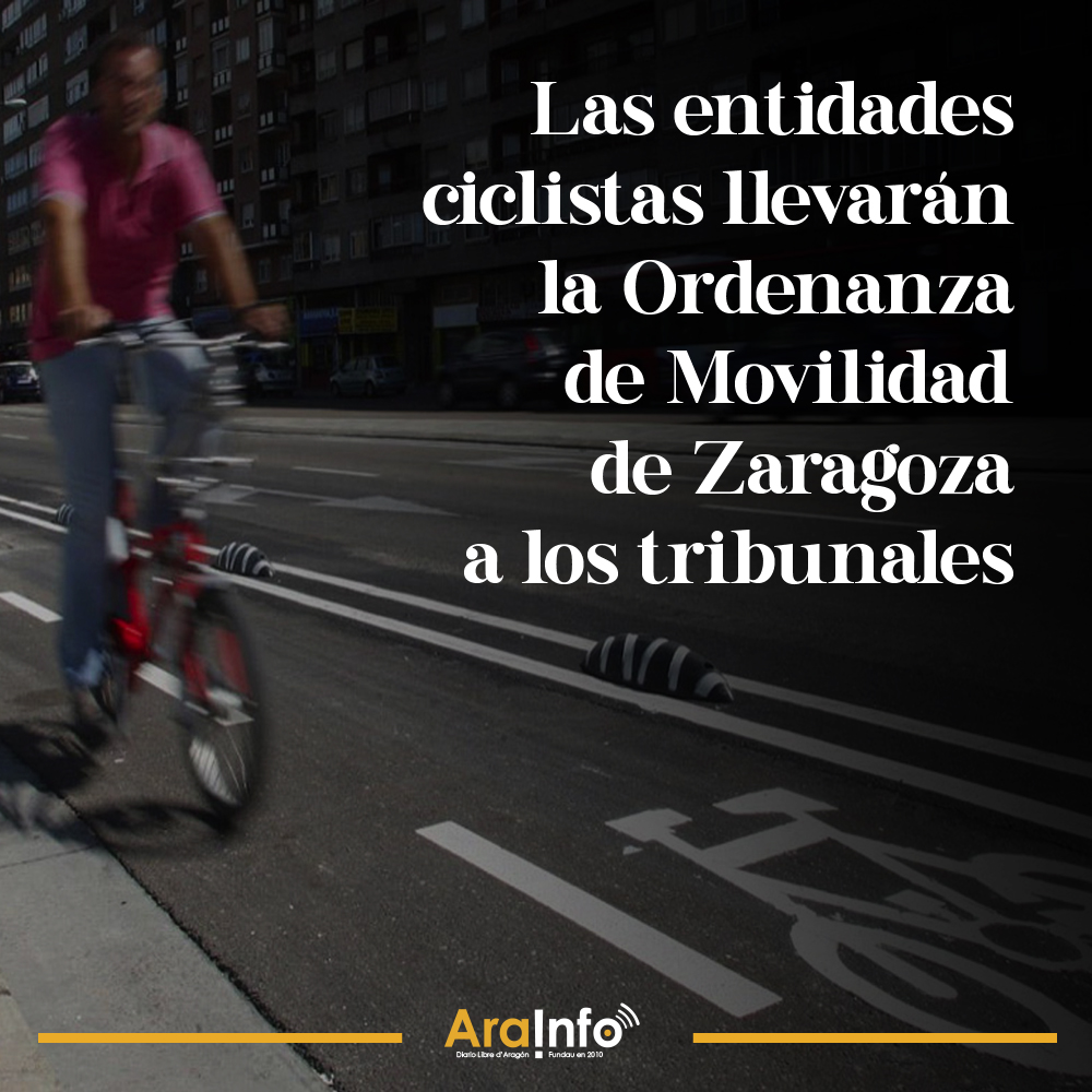 Con el respaldo de la coordinadora estatal <a href="/ConBici/">Coordinadora ConBici</a>, las organizaciones Zaragoza Ciclista, <a href="/BielasSalvajes/">Bielas Salvajes</a> y <a href="/PedaleaZaragoza/">Colectivo Pedalea</a> han anunciado su decisión de llevar a los tribunales varios artículos de la nueva Ordenanza de Movilidad de Zaragoza: arainfo.org/?p=293224