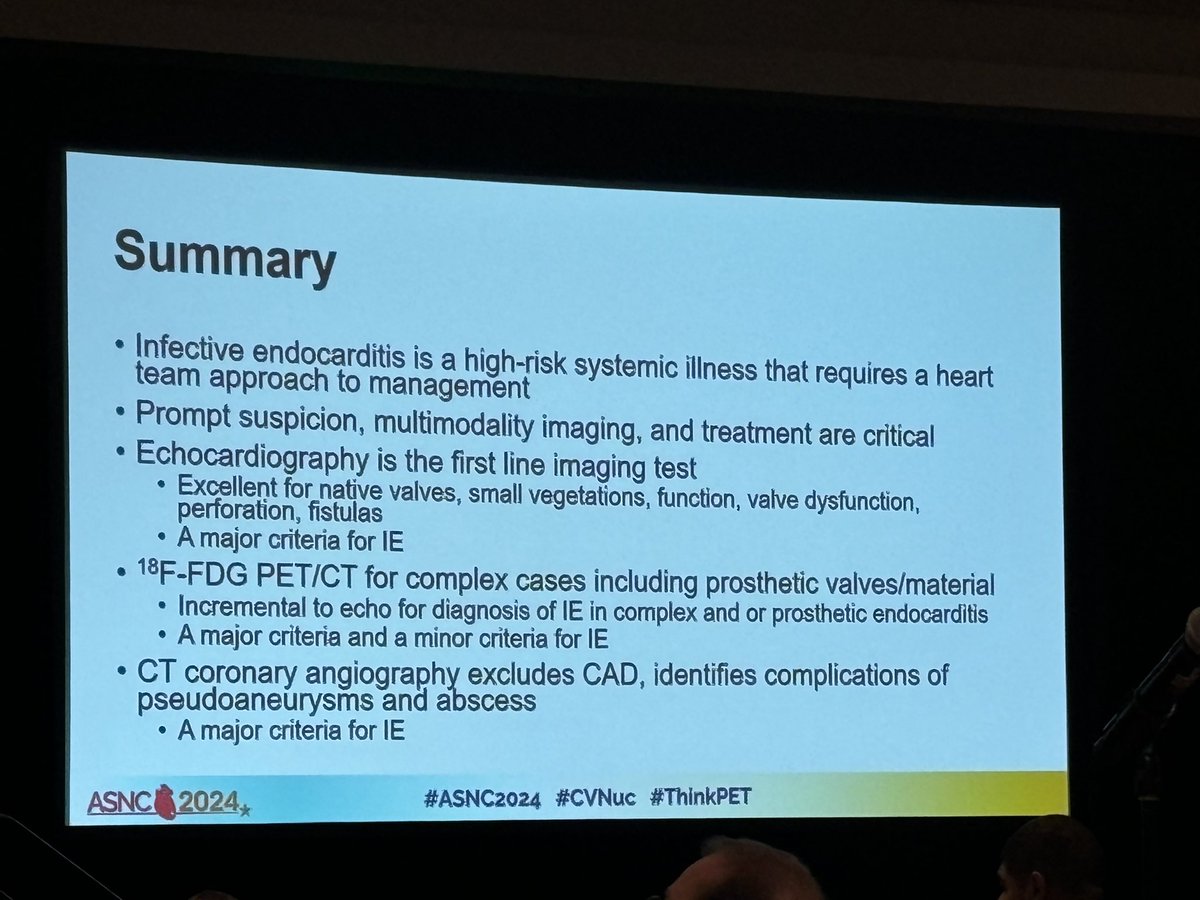 Georgia Vasilakis Tsatiris, MD (@gmvasilakis) on Twitter photo Did you know that coronary CTA is a major criterion and FDG PET is both a major and minor criteria for infective endocarditis? 🤔 Thank you <a href="/DorbalaSharmila/">Sharmila Dorbala</a> for the interesting talk! 🫀☢️ #ASNC2024 #CVNuc #ThinkPET Did you know that coronary CTA is a major criterion and FDG PET is both a major and minor criteria for infective endocarditis? 🤔 Thank you <a href="/DorbalaSharmila/">Sharmila Dorbala</a> for the interesting talk! 🫀☢️ #ASNC2024 #CVNuc #ThinkPET